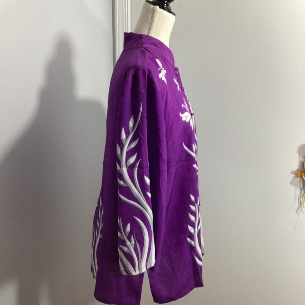 BOB MACKIE WEARABLE ART SIZE L 100% SILK PURPLE BLOUSE BUTTERFLY - Picture 5 of 11